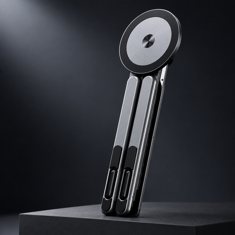 AllureActiv stand folded and standing upright on a dark surface