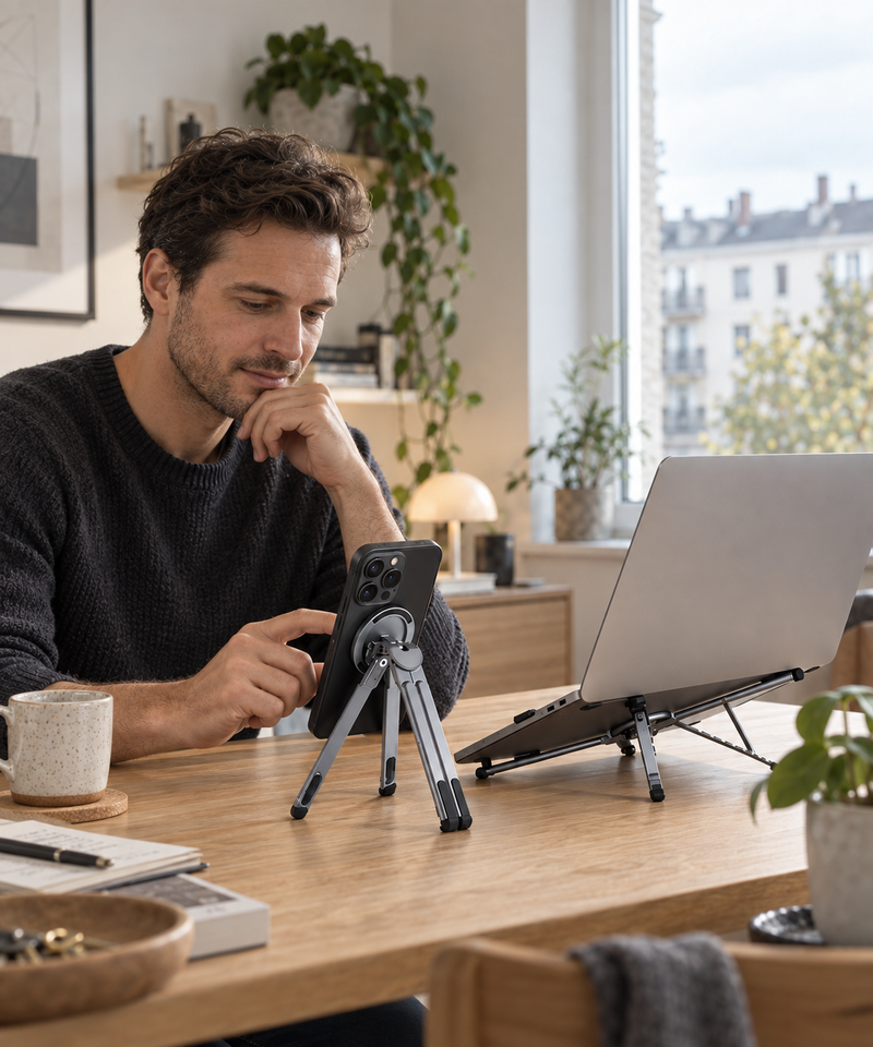 A person at a desk using a phone mounted on the AllureActiv tripod stand
